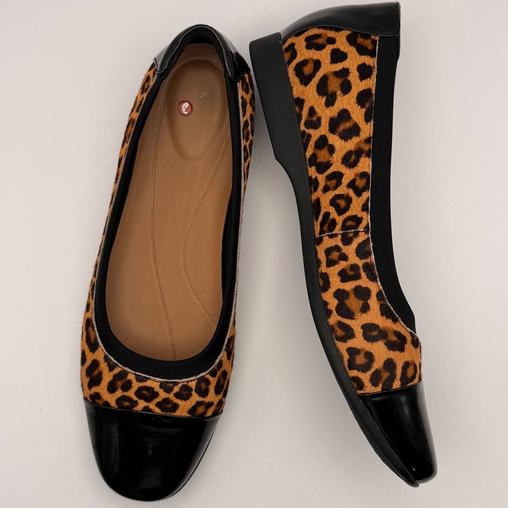 Clarks Leopard Print Cap Toe Ballet Flats Women Size 9.5 M Black Patent